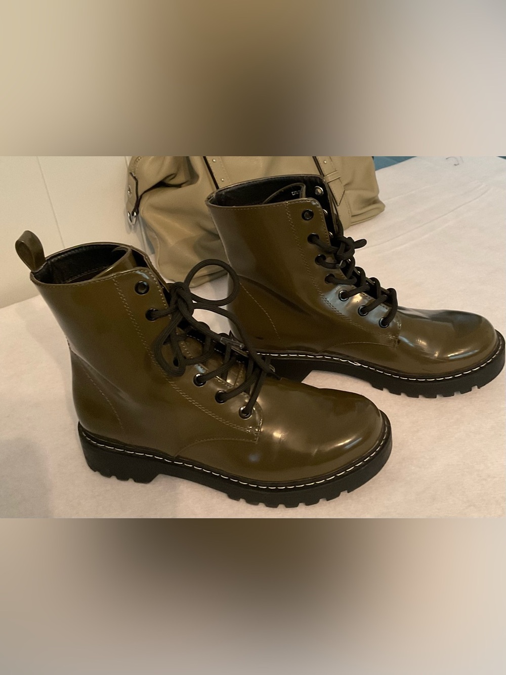 H & M Divided Olive Green Glossy Lace-Up Combat Boots